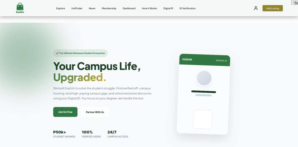 Custom web application portfolio showing the EaziUni student command center and glassmorphic UI